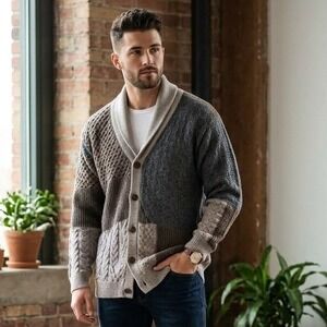Novica Alpaca Cardigan Mens XXL Andes Patchwork Cable Knit Shawl Heritage Cozy